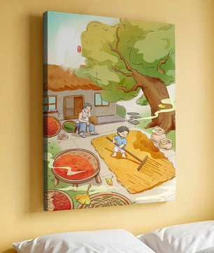 Escena rural encantadora con niño secando granos bajo el árbol