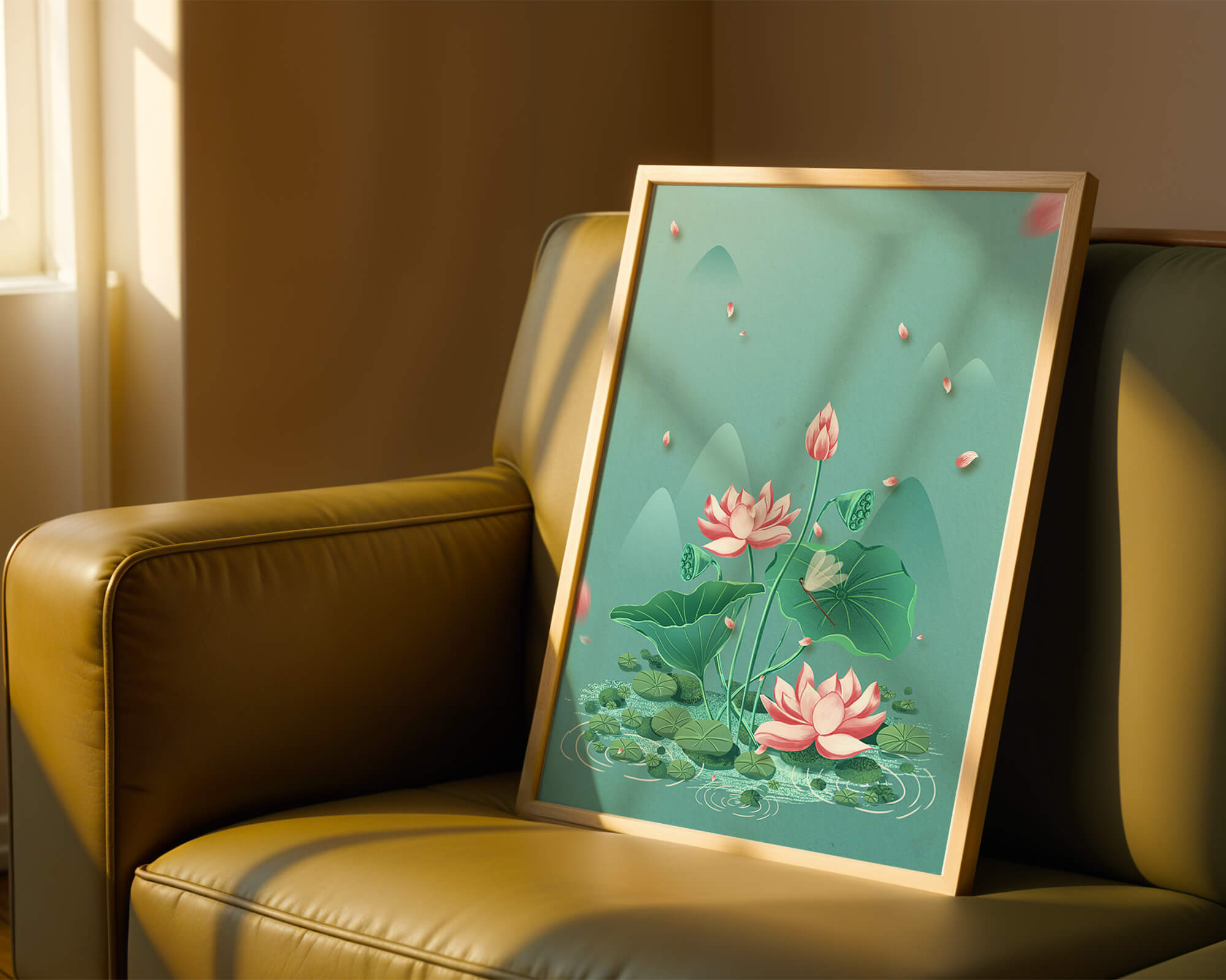 Serene illustration of lotus flowers in a tranquil pond setting with mountains