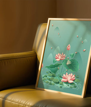 Illustration sereine de fleurs de lotus dans un étang paisible avec des montagnes