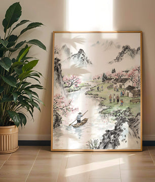 Idyllic Village Scene with Cherry Blossoms and a River