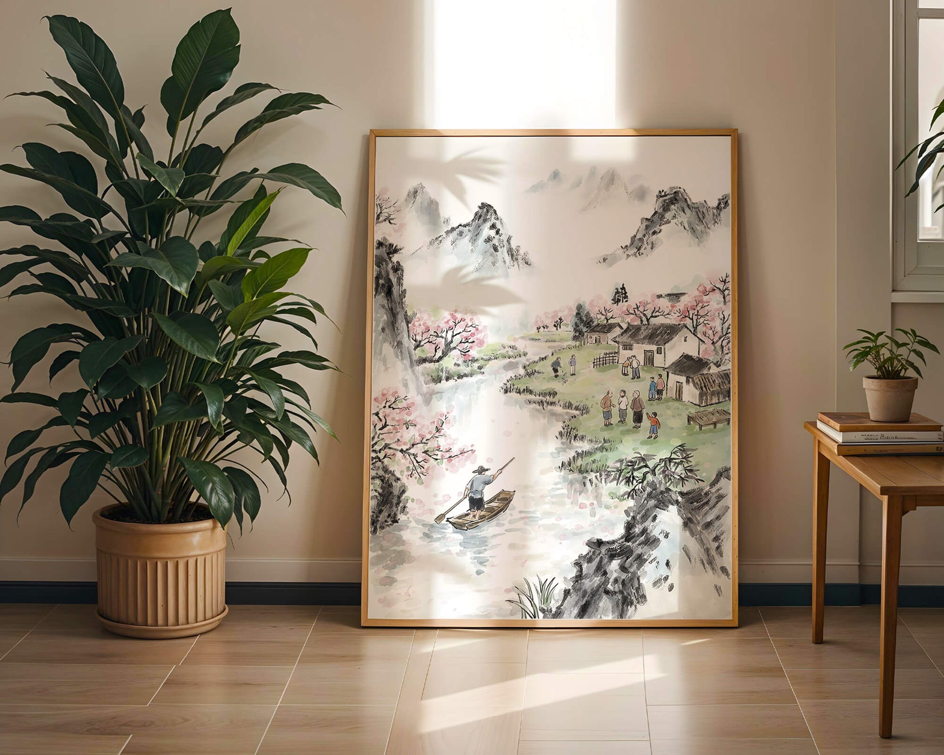 Idyllic Village Scene with Cherry Blossoms and a River