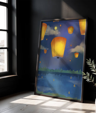 Lanterns Floating in Night Sky over Reflective Lake