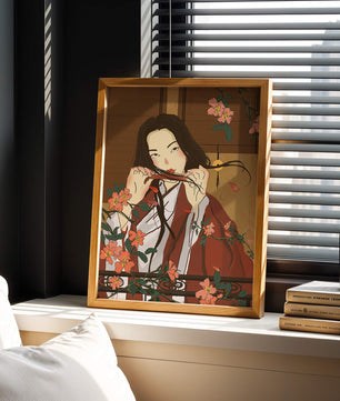 Japanerin spielt Flöte zwischen Blumen in traditioneller Umgebung