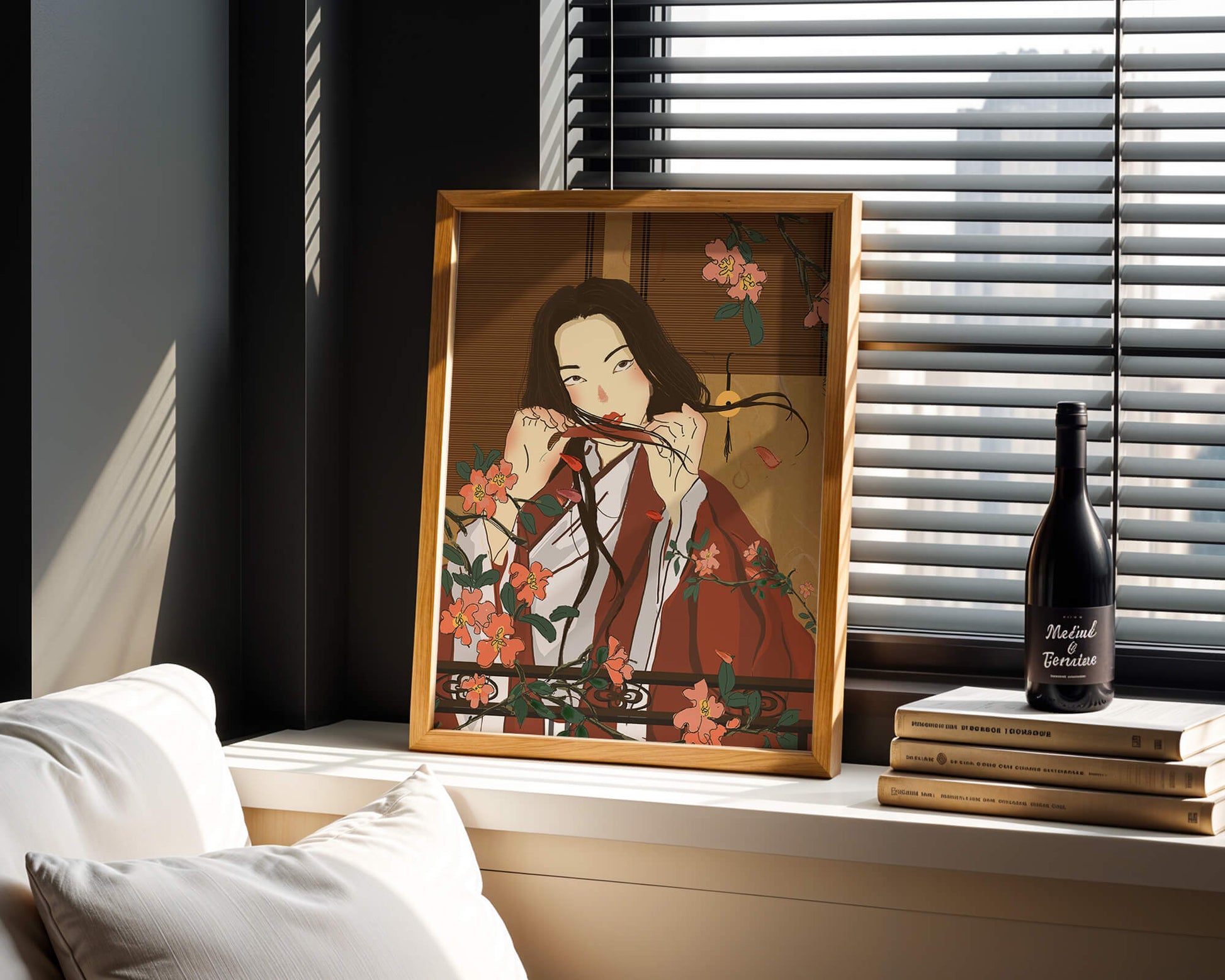 Japanerin spielt Flöte zwischen Blumen in traditioneller Umgebung