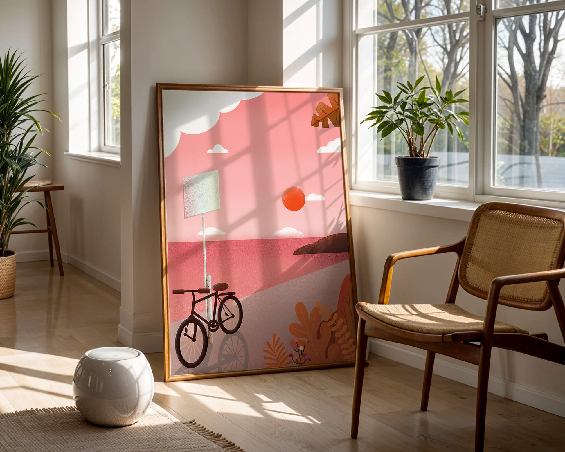 Serene sunset with bicycle by the sea in pastel colors