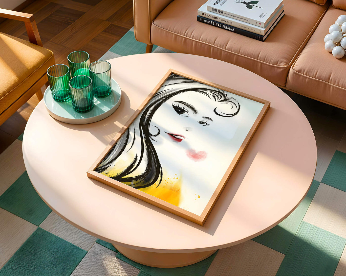 Elegant portrait sketch with red lips and a heart motif