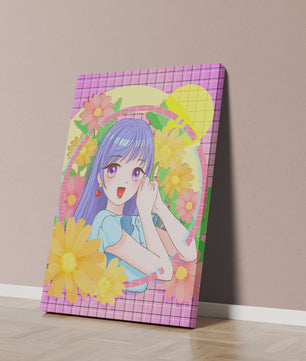 Anime-Mädchen mit leuchtenden Blumen und lila Haaren auf buntem Hintergrund