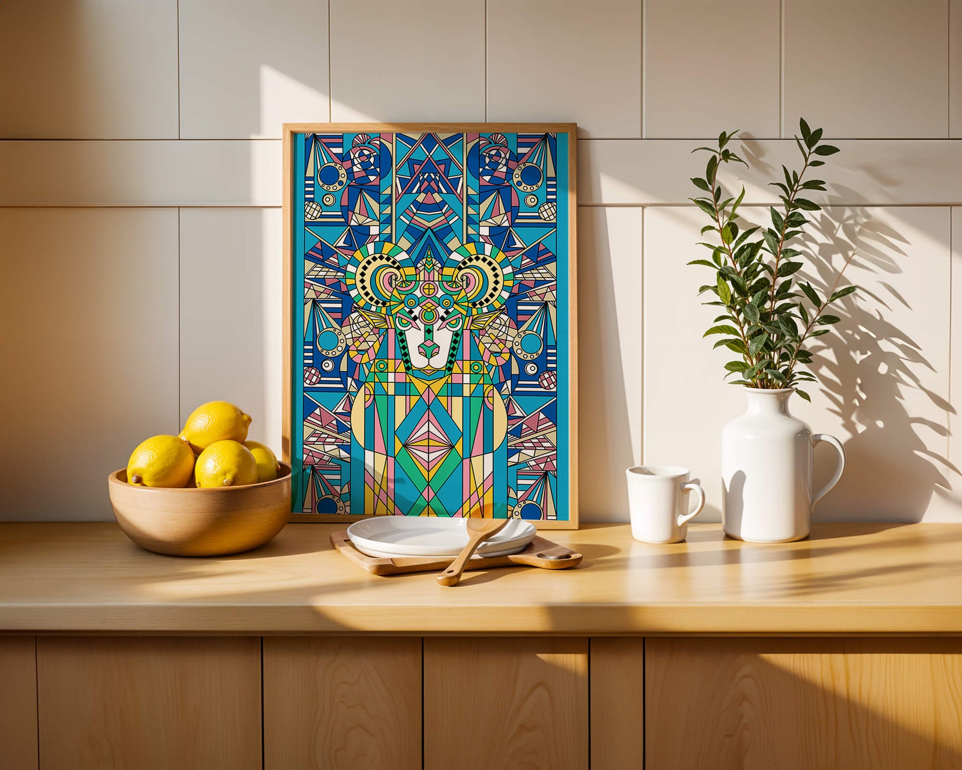 Geometrische Widder-Illustration in lebendigen Farben