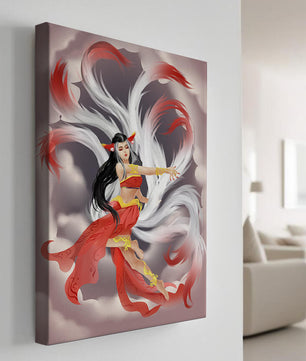 Graceful fantasy fox spirit with flowing tails and red attire in mystical clouds