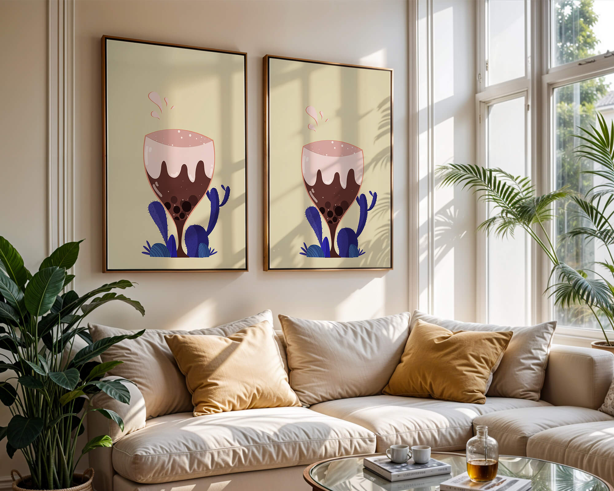 Illustration of a whimsical wine glass with liquid splash and purple plants