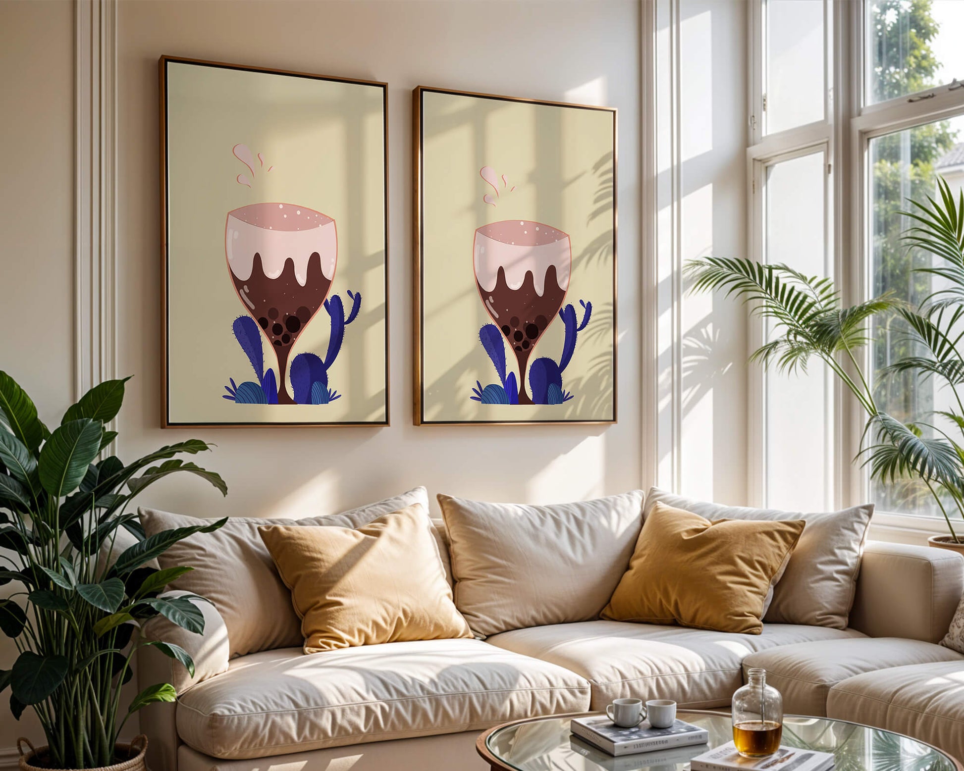 Illustration of a whimsical wine glass with liquid splash and purple plants