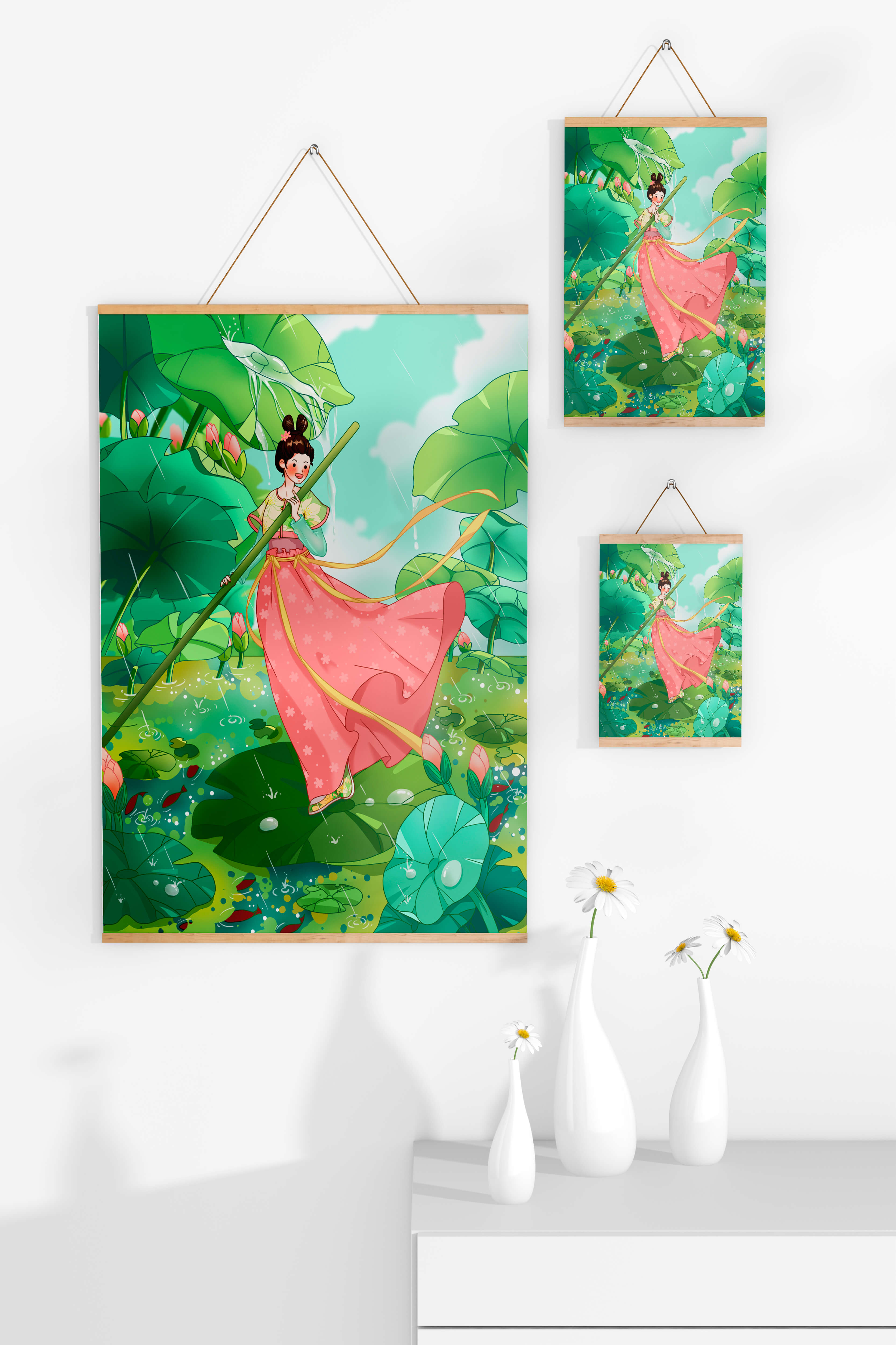 A whimsical scene of a girl in traditional dress among vibrant lotus leaves