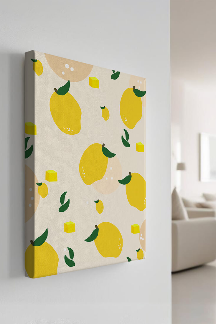 Playful lemon pattern with green leaves and abstract shapes