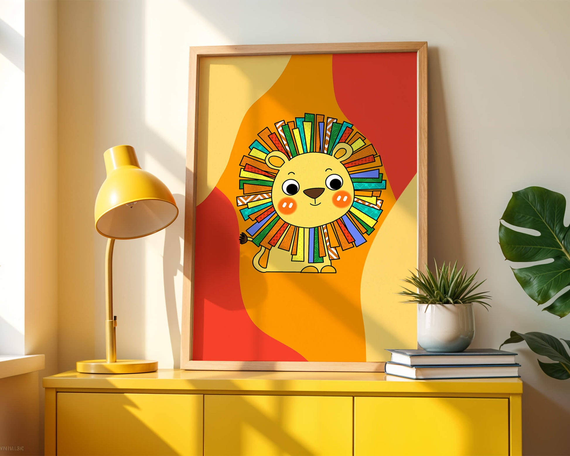 Colorful cartoon lion illustration with vibrant mane on abstract background