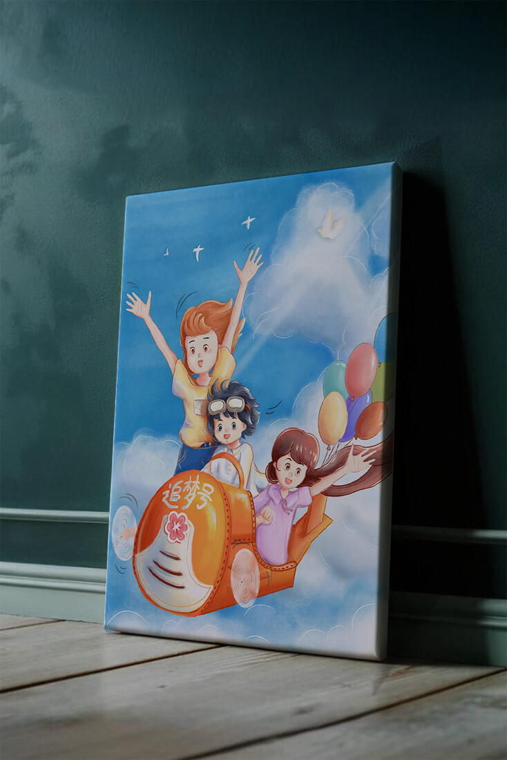 Children's adventure in sky with balloons and playful aircraft