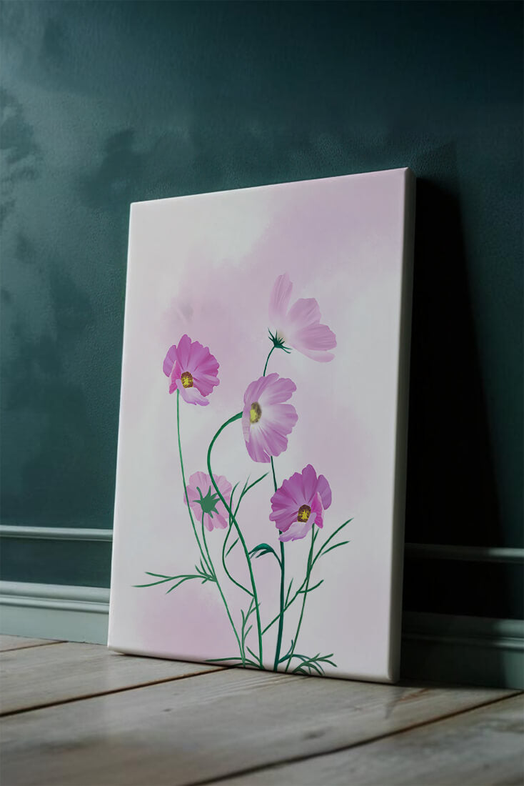 Digital illustration of pink cosmos flowers against a soft pastel background