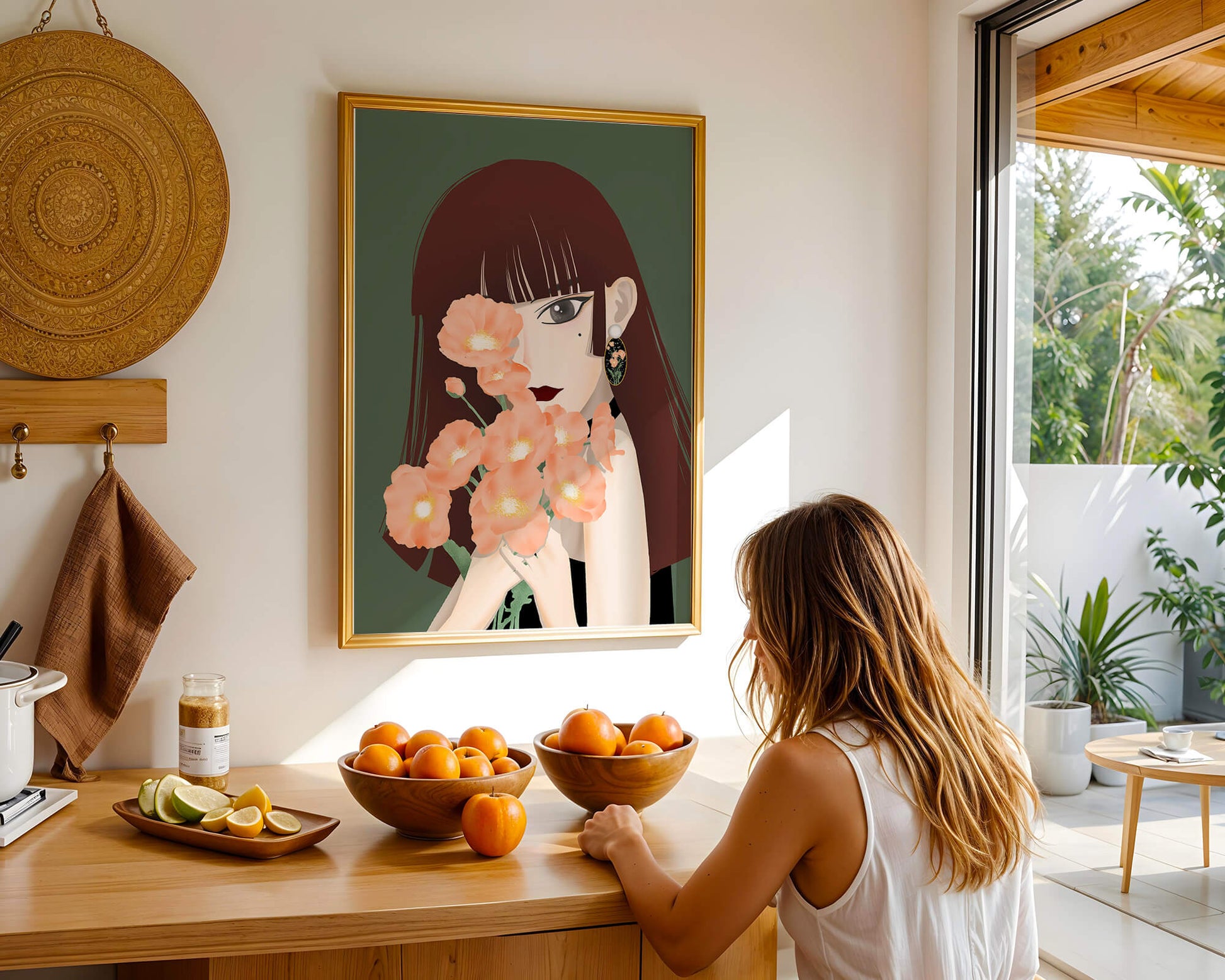 Porträt einer Frau mit Blumenstrauß und elegantem Ohrring