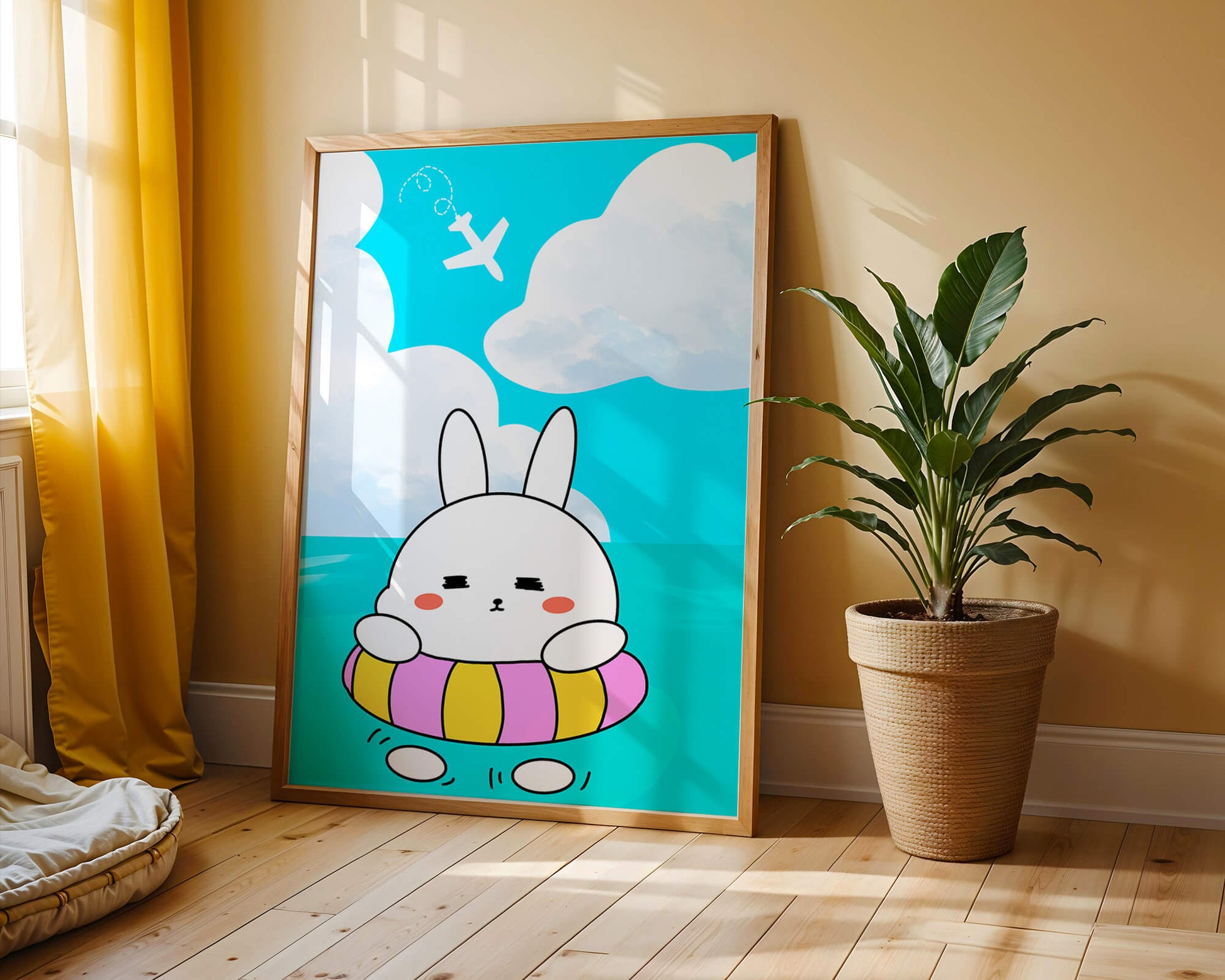 Illustration of a cute bunny floating on a colorful inflatable in a blue ocean under a bright sky with an airplane
