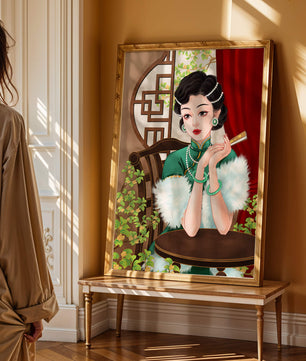 Elegant Woman in Traditional Asian Attire with Floral Background