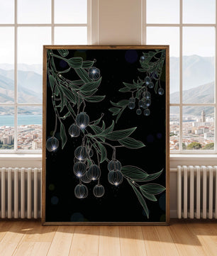 Elegante botanische Illustration mit leuchtenden Früchten und Blättern