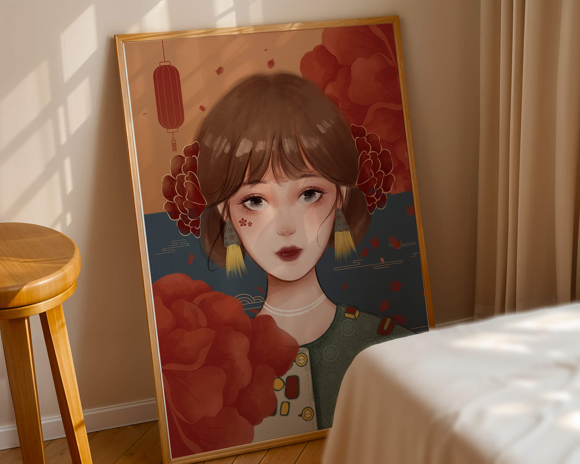 Illustration of a woman adorned with floral elements and traditional accessories