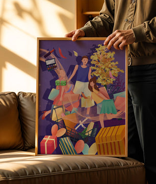 Illustration d'une expérience de shopping joyeuse en famille avec des cadeaux et des couleurs vives