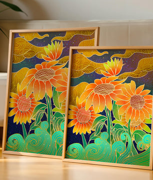 Vibrant sunflowers with intricate background patterns