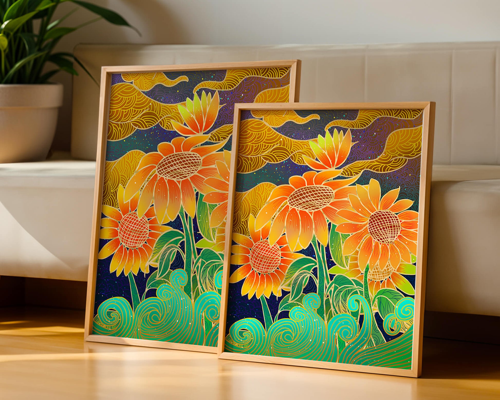 Vibrant sunflowers with intricate background patterns