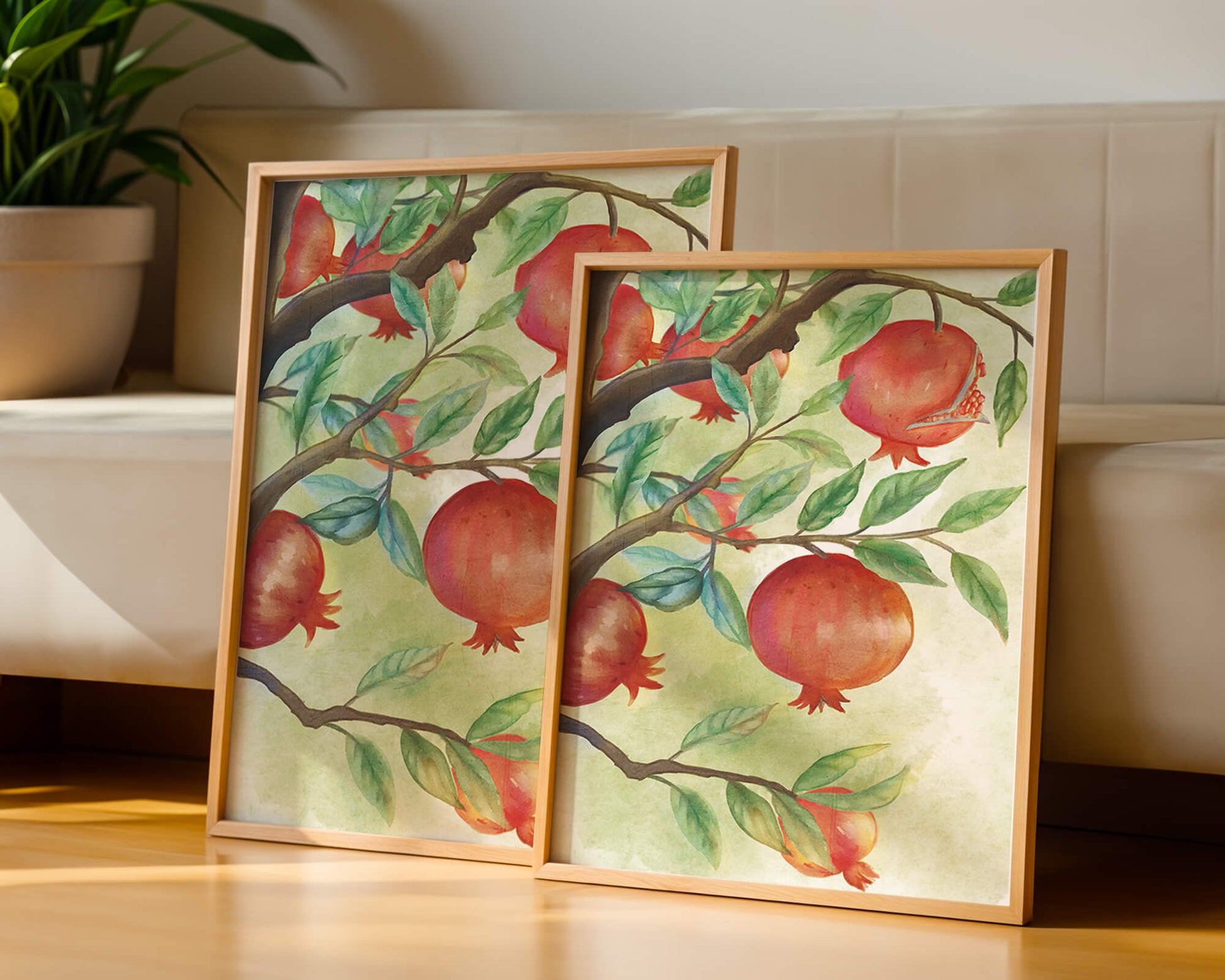 Watercolor Pomegranate Tree Branch with Fruits and Leaves