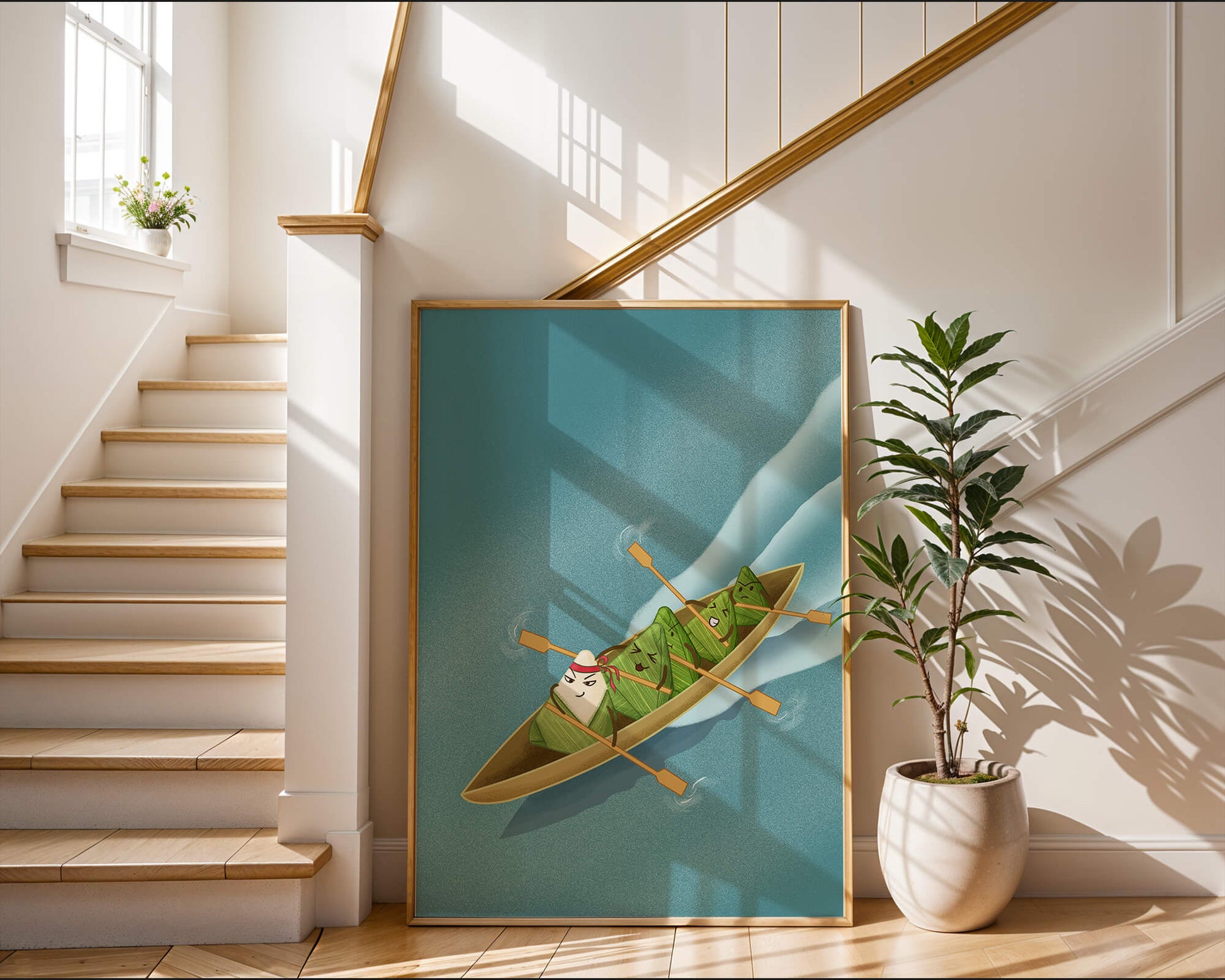 Charming illustration of rice dumplings rowing a boat with expressions