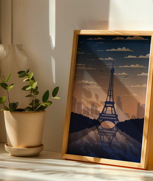 Vista escénica de la Torre Eiffel al anochecer con reflejo del horizonte urbano
