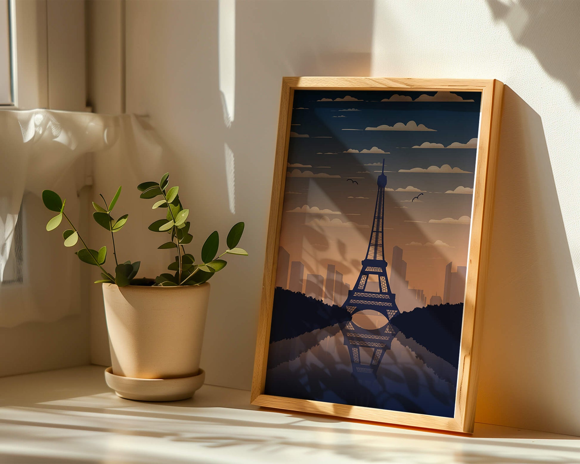 Scenic view of the Eiffel Tower at dusk with city skyline reflection