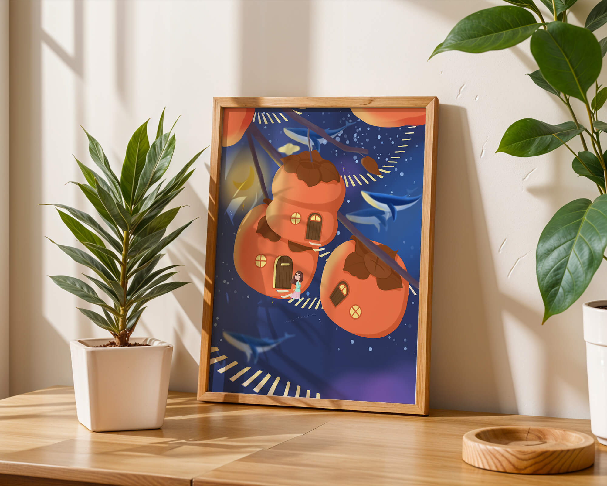 Whimsical night scene with floating persimmon houses and swimming whales
