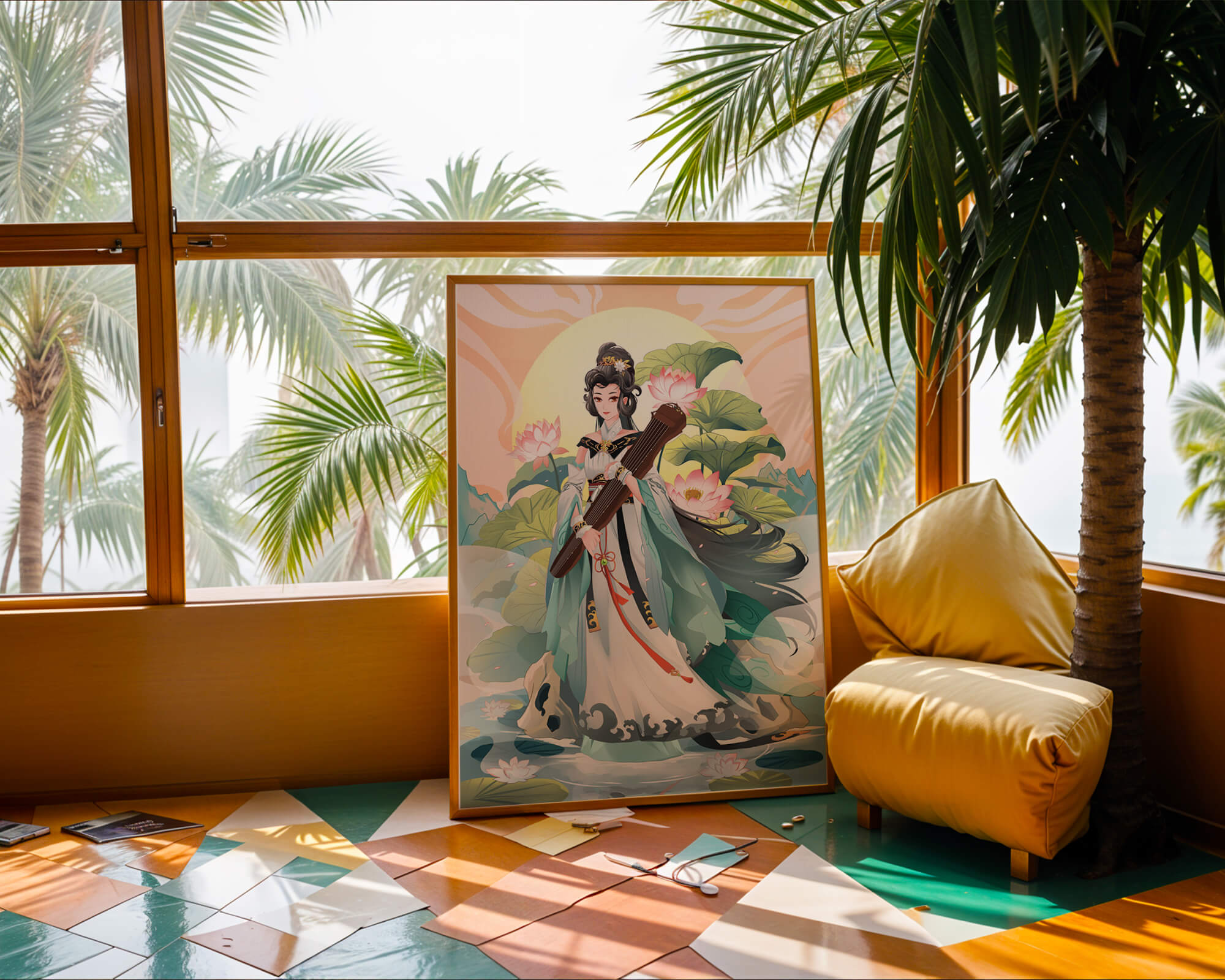 Elegant woman with traditional clothing and musical instrument in serene nature setting