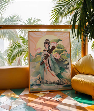 Elegant woman with traditional clothing and musical instrument in serene nature setting