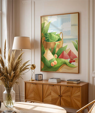 Scène de cuisine sereine avec un panier de fruits et de feuilles