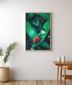 Ladybug on a Leaf with Dew Drops in a Vibrant Nature Scene - Mi tienda