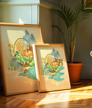 Ilustración con tema de cosecha con una cesta de productos y un fondo panorámico.