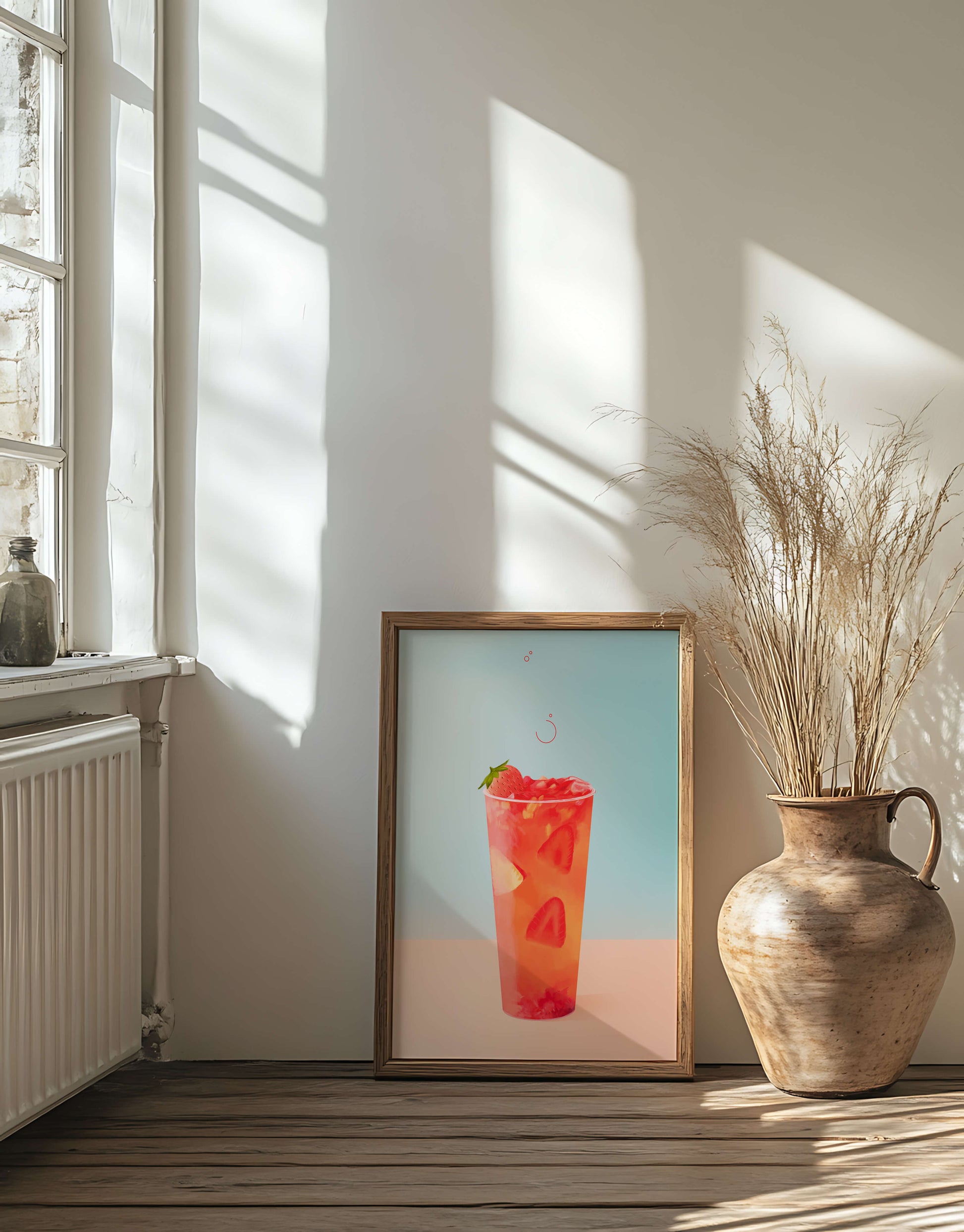 Refreshing strawberry drink with floating slices on pastel background