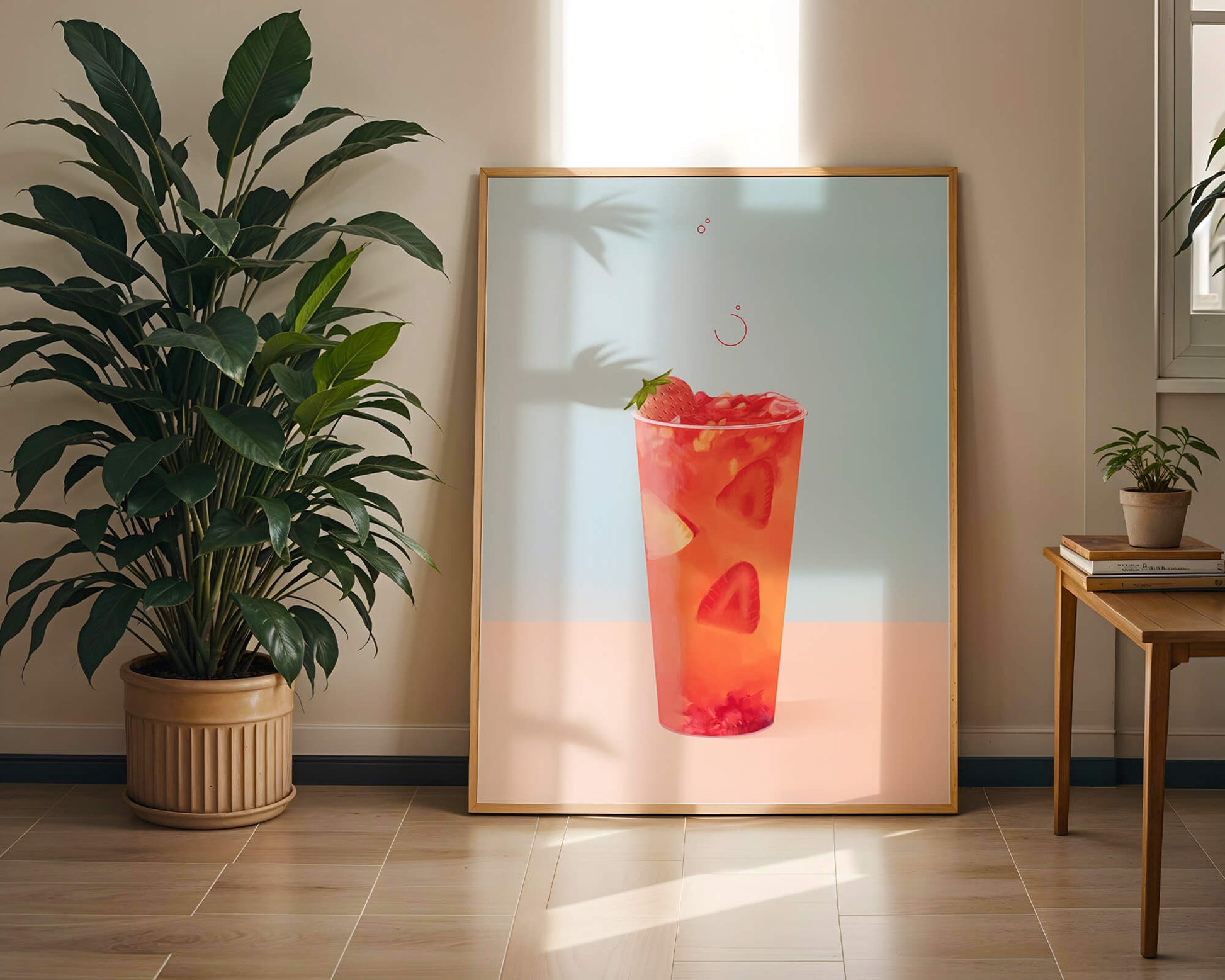 Refreshing strawberry drink with floating slices on pastel background