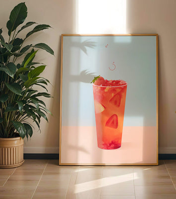 Refreshing strawberry drink with floating slices on pastel background