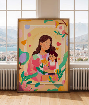 Ilustración de madre e hija con flores para el Día de la Madre