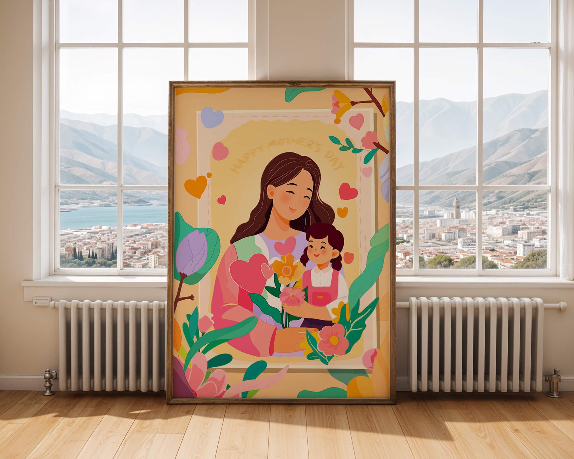 Illustration of mother and daughter with flowers for Mother's Day