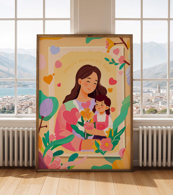 Illustration of mother and daughter with flowers for Mother's Day