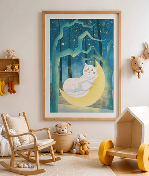 Cat sleeping on the moon in an enchanted forest under the starry sky