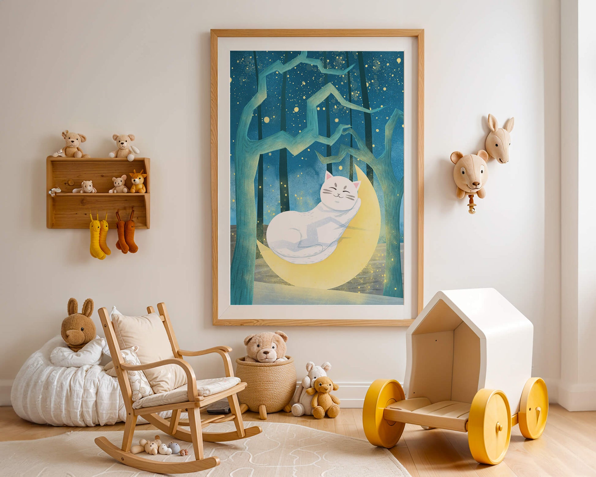 Cat sleeping on the moon in an enchanted forest under the starry sky