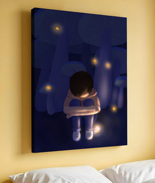 Paysage nocturne serein avec un personnage réfléchi au milieu de vers luisants et de champignons