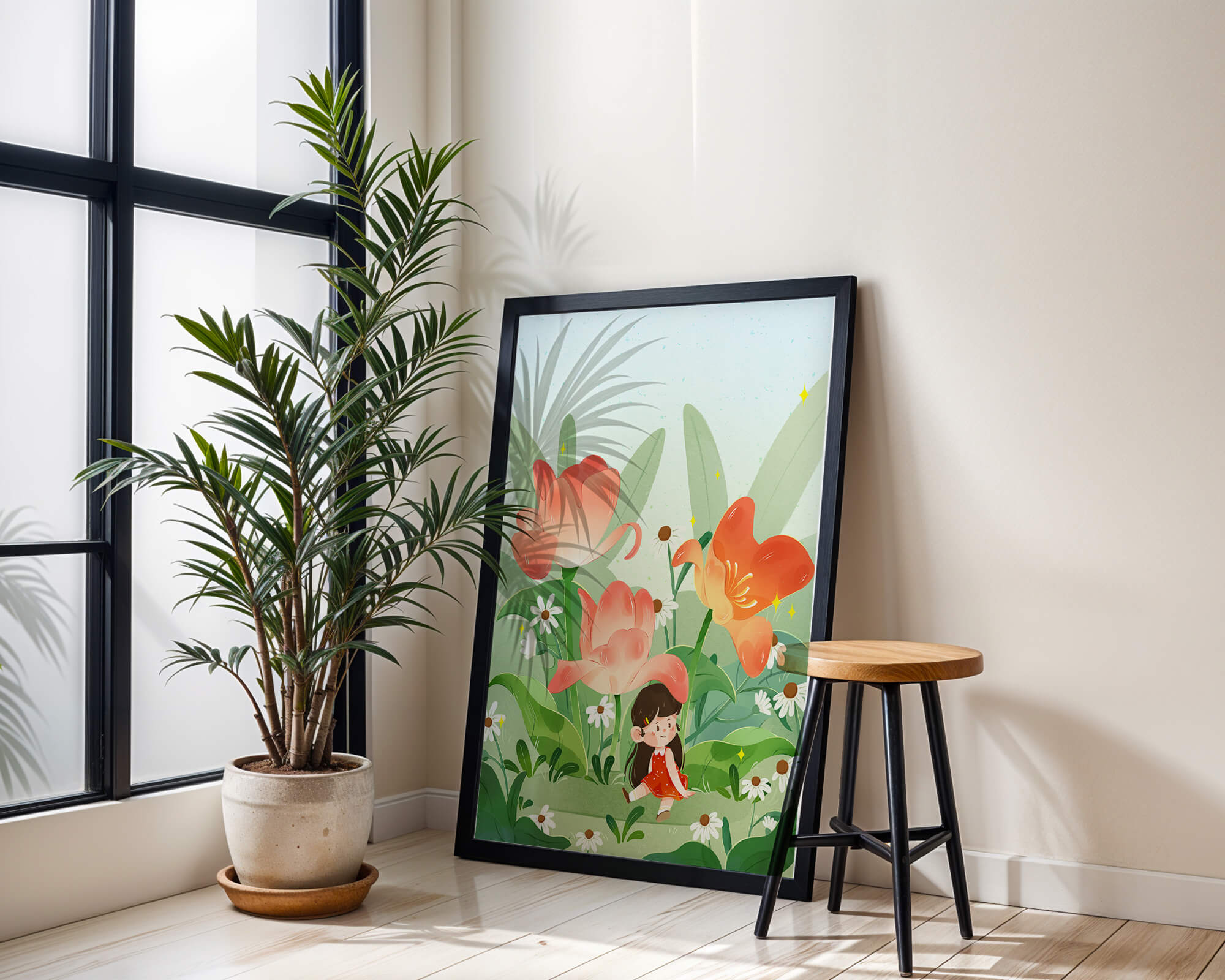 Charming floral garden with whimsical child illustration