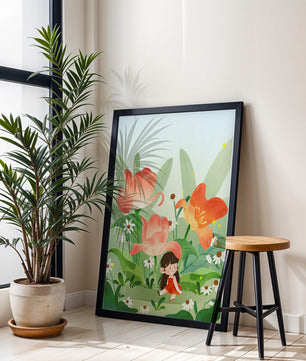 Encantador jardín floral con ilustración de niño caprichoso