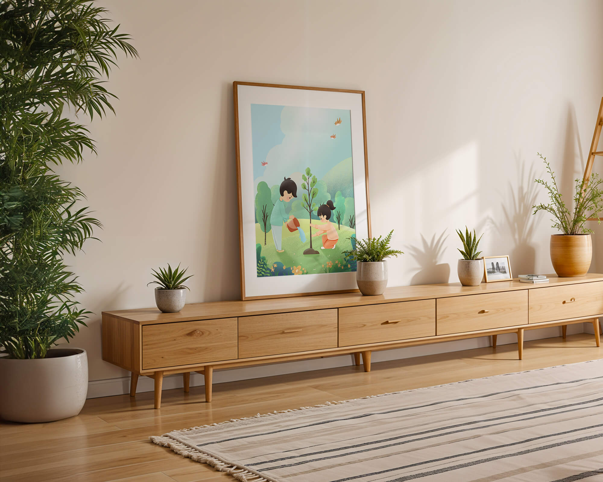Children nurturing a young tree in a lush green landscape